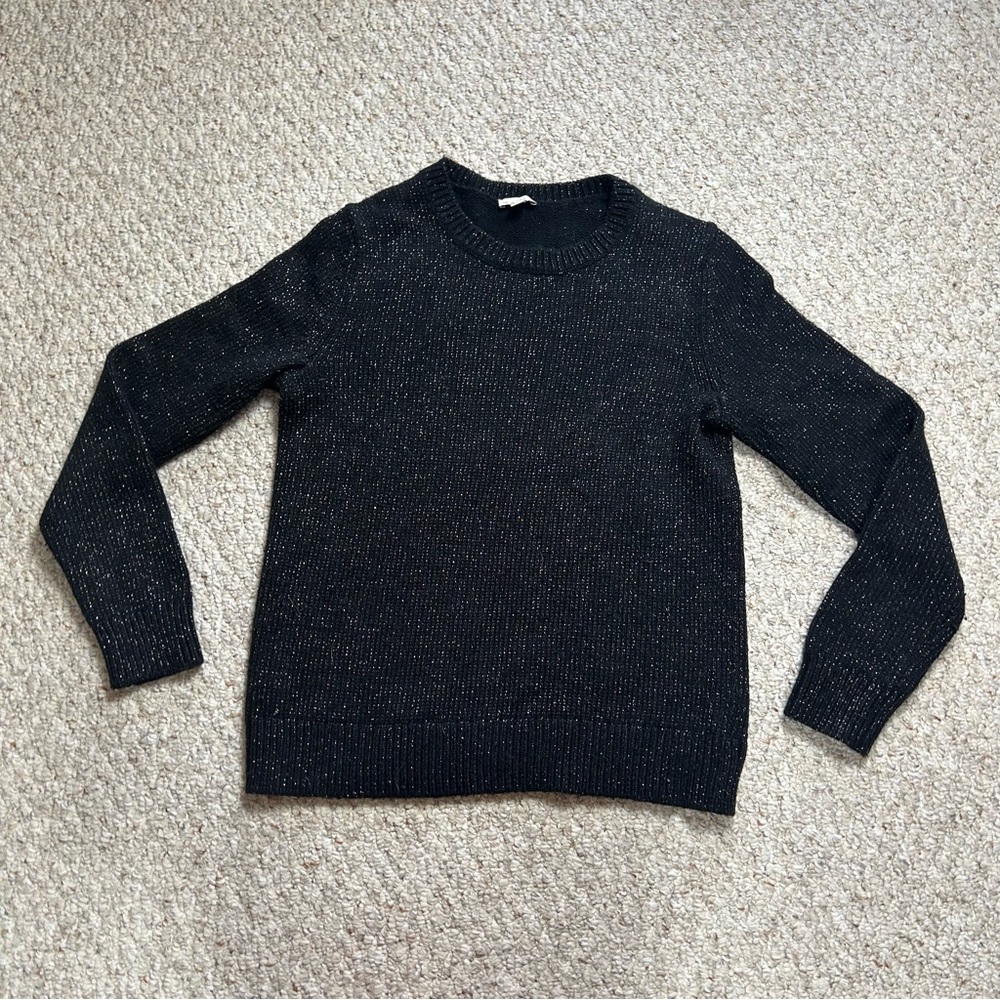Gap Black Metallic Round Neck Sweater Wmoens Large Silver Sparkly Knit Pullover